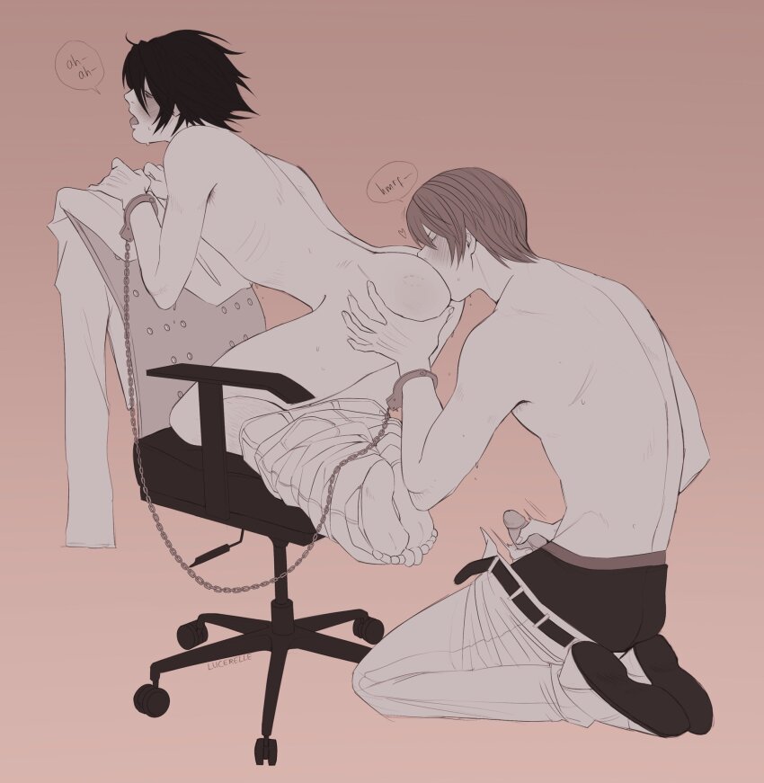 2boys anilingus armpit_hair bags_under_eyes barefoot black_hair brown_hair chain chair closed_eyes cuffs death_note erection face_in_ass handcuffs highres l_(death_note) male_focus male_masturbation male_underwear masturbation monochrome multiple_boys open_mouth pants_around_ankles partially_undressed penis short_hair speech_bubble swivel_chair thanatelle uncensored underwear yagami_light yaoi