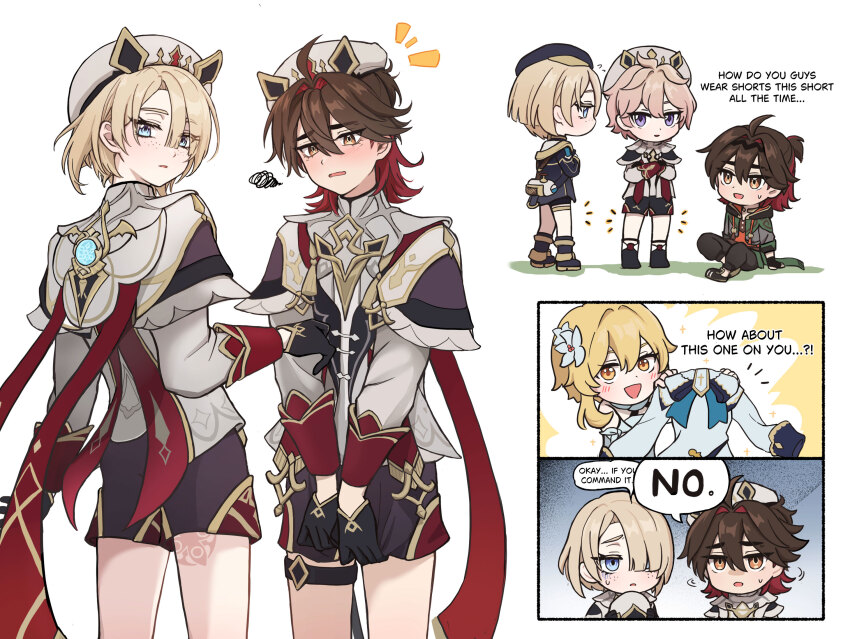 1girl 3boys 6nonnon1 ahoge barbara_(genshin_impact) beret black_gloves black_hat black_shorts blonde_hair blue_eyes brown_eyes brown_hair capelet cosplay cross dahlia_(genshin_impact) dahlia_(genshin_impact)_(cosplay) dress flower freckles freminet_(genshin_impact) gaming_(genshin_impact) genshin_impact gloves gold_trim hair_between_eyes hair_flower hair_ornament hair_over_one_eye hat highres hood hooded_jacket jacket latin_cross long_sleeves lumine_(genshin_impact) multicolored_hair multiple_boys pants pink_hair purple_eyes red_hair short_hair short_hair_with_long_locks shorts sidelocks smile white_background white_dress white_flower white_hat yellow_eyes