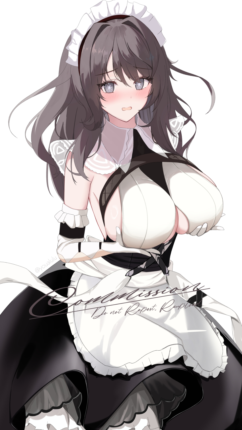 1girl absurdres azur_lane blush breasts charybdis_(azur_lane) cleavage clothing_cutout dress elbow_gloves gloves grey_eyes grey_hair highres long_hair maid_headdress open_mouth sleeveless solo uaru underboob_cutout white_gloves
