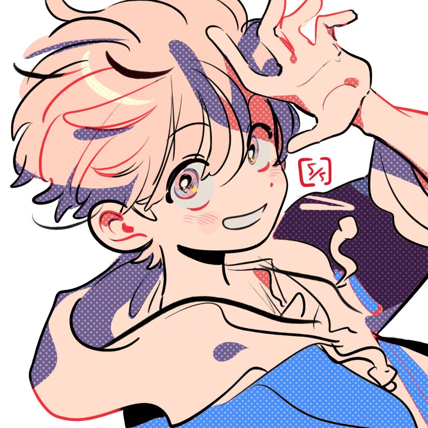 1boy arm_up blonde_hair blue_hood blush dolman_(dm) dot_nose floating_hair grin hair_behind_ear hair_between_eyes halftone happy highres hood hood_down hoodie looking_to_the_side male_focus multicolored_eyes open_hand original raised_eyebrows shade shading_eyes short_hair simple_background sleeves_rolled_up smile solo three_quarter_view two-tone_hoodie white_background white_hoodie