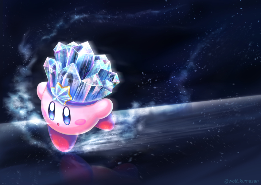 :o arms_up artist_name blue_eyes blush blush_stickers breath_weapon breathing_ice cold commentary_request crown crystal dark_background full_body highres ice ice_crystal ice_kirby kirby kirby_(series) kumaoka_pon looking_at_viewer nintendo no_humans open_mouth skating standing twitter_username
