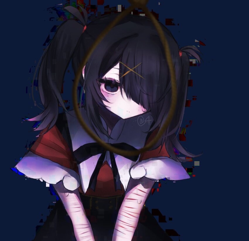 1girl 4_(nn_1_zo) ame-chan_(needy_girl_overdose) black_hair blue_background glitch hair_ornament hair_over_one_eye hands_on_lap head_tilt highres multiple_scars neck_ribbon needy_girl_overdose noose red_shirt ribbon scar scar_on_arm self-harm_scar shirt short_twintails sidelocks skirt solo suspender_skirt suspenders twintails upper_body winged_sleeves x_hair_ornament