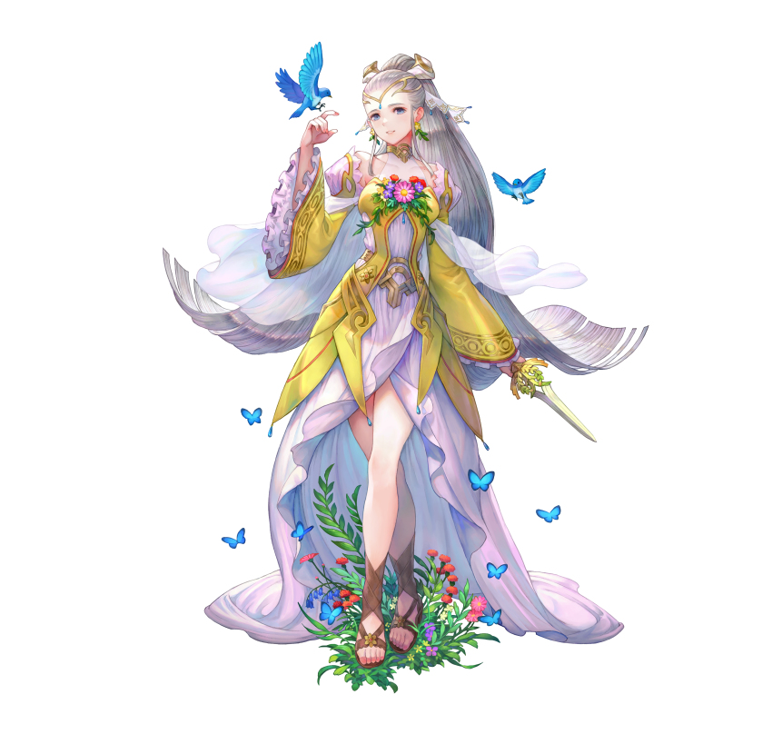 1girl absurdres alternate_costume animal bird blue_eyes breasts bug butterfly commentary_request covered_collarbone dagger detached_sleeves dress earrings eir_(fire_emblem) eir_(life_ascendant)_(fire_emblem) fire_emblem fire_emblem_heroes flower flower_earrings frills full_body gold_trim grey_hair haccan hair_ornament highres holding holding_weapon insect jewelry knife long_dress long_hair looking_at_viewer medium_breasts nintendo official_art parted_lips ponytail sandals see-through_clothes simple_background smile standing tiara toeless_footwear toes very_long_hair weapon white_background wide_sleeves