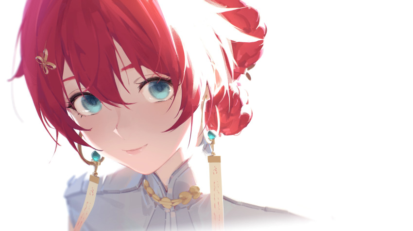 1girl absurdres blue_eyes commentary danjin_(wuthering_waves) earrings folded_braid gold_earrings hair_between_eyes hair_ornament hairclip highres hoop_earrings jewelry lips looking_at_viewer looking_up mandarin_collar ofuda_earrings red_hair simple_background smile solo upper_body white_background wuthering_waves xini_m