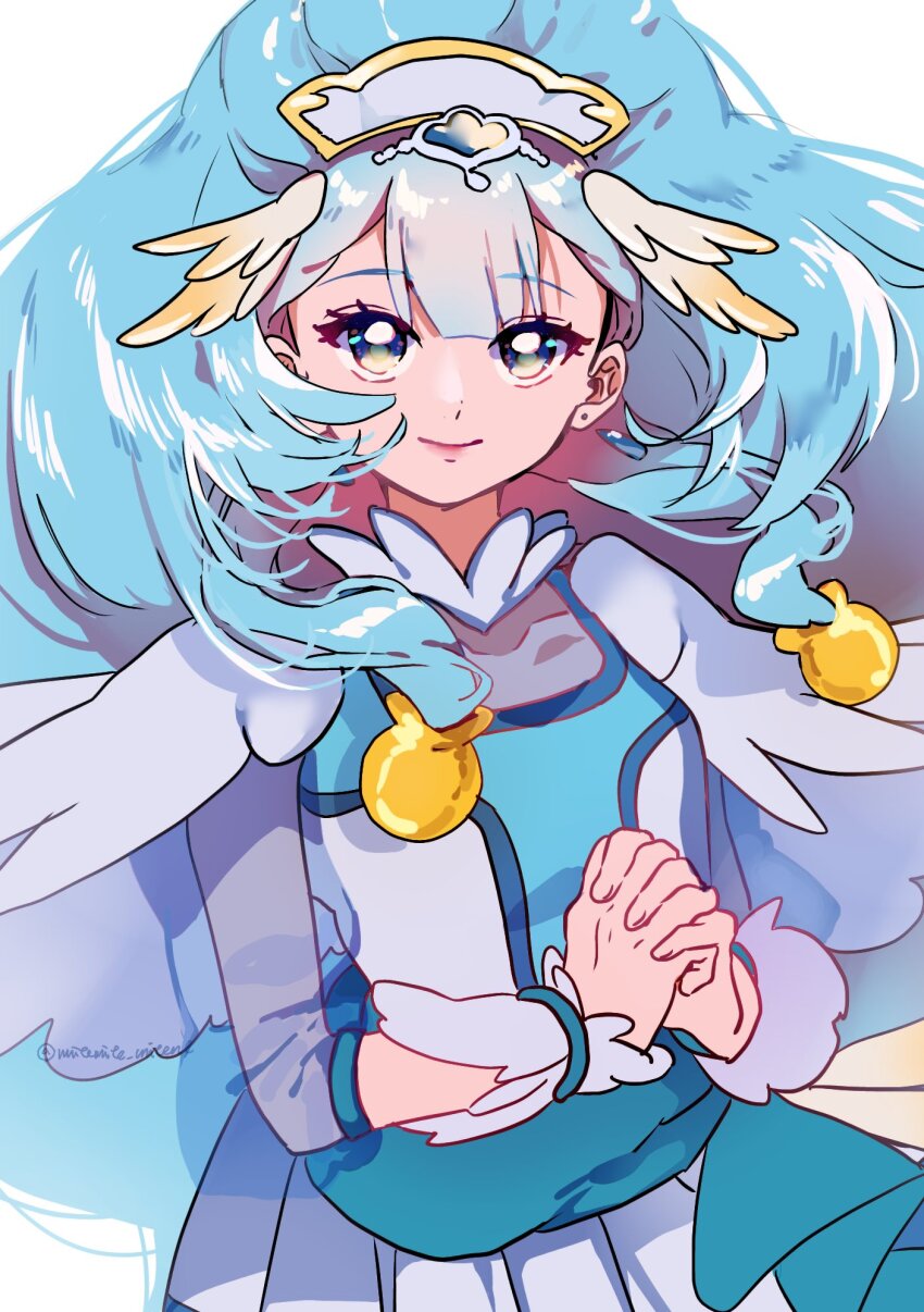 1girl blue_eyes blue_hair blue_wrist_cuffs blush breasts cure_ange dress earrings hair_ornament hat heart_pouch highres hugtto!_precure jewelry lipstick long_hair looking_at_viewer magical_girl makeup nurse_cap precure see-through_clothes see-through_sleeves sekiguchi_(mitemite_mitene) skirt smile solo thick_eyelashes upper_body very_long_hair white_background wrist_cuffs
