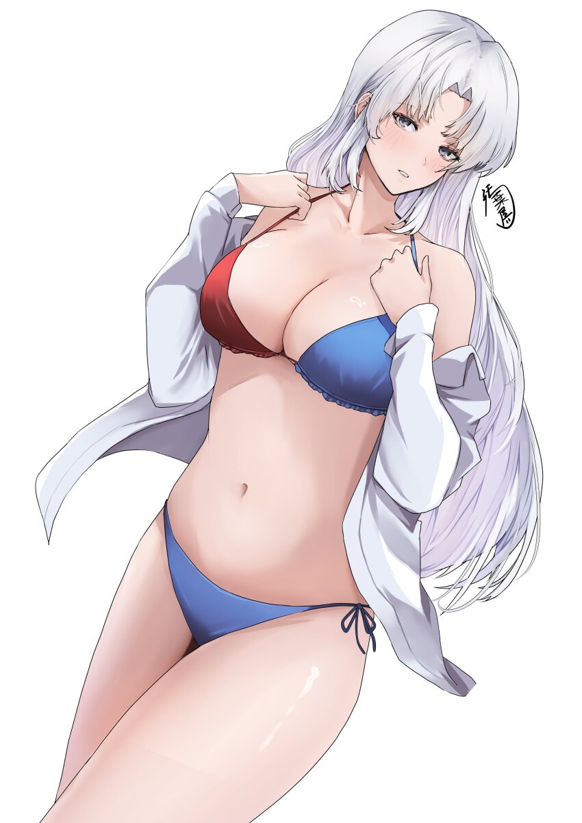 1girl absurdres bikini braid breasts collarbone grey_hair highres lab_coat long_hair medium_breasts midriff navel simple_background solo swimsuit touhou very_long_hair white_background yagokoro_eirin yagoro_kusuriya