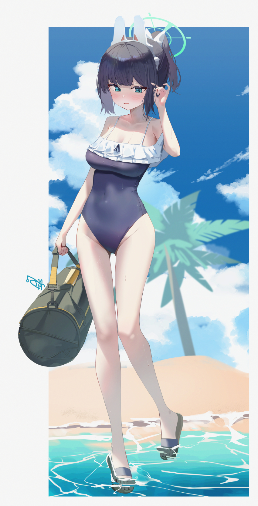 1girl absurdres alternate_hairstyle animal_ears aqua_eyes bag black_hair blue_archive blue_one-piece_swimsuit blue_sky blush breasts casual_one-piece_swimsuit cloud cloudy_sky commentary_request cosplay dan_nako day duffel_bag fake_animal_ears full_body halo highres large_breasts looking_at_viewer miyako_(blue_archive) miyako_(blue_archive)_(cosplay) miyako_(swimsuit)_(blue_archive) one-piece_swimsuit one_side_up open_mouth ponytail rabbit_ears saki_(blue_archive) sandals short_hair signature sky solo standing swimsuit thighs yellow_halo