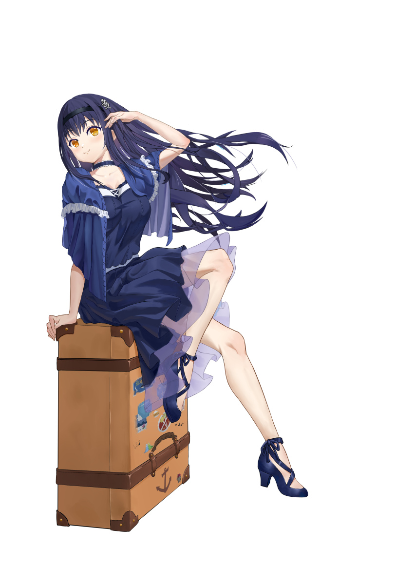 1girl absurdres adjusting_hair arm_at_side black_camisole black_choker black_hair black_hairband black_shoes black_skirt blue_capelet blush bone_hair_ornament breasts camisole capelet chinese_commentary choker closed_mouth collarbone commentary floating_hair frilled_capelet frilled_choker frills from_side full_body hair_between_eyes hair_ornament hairband hand_up high_heels highres knee_up kushima_kamome large_breasts long_hair looking_at_viewer medium_skirt ringed_eyes rolling_suitcase shoes simple_background sitting skirt skull_and_crossbones smile solo split_mouth star_(symbol) star_hair_ornament straight_hair suitcase summer_pockets user_xnkx8754 very_long_hair white_background wind yellow_eyes