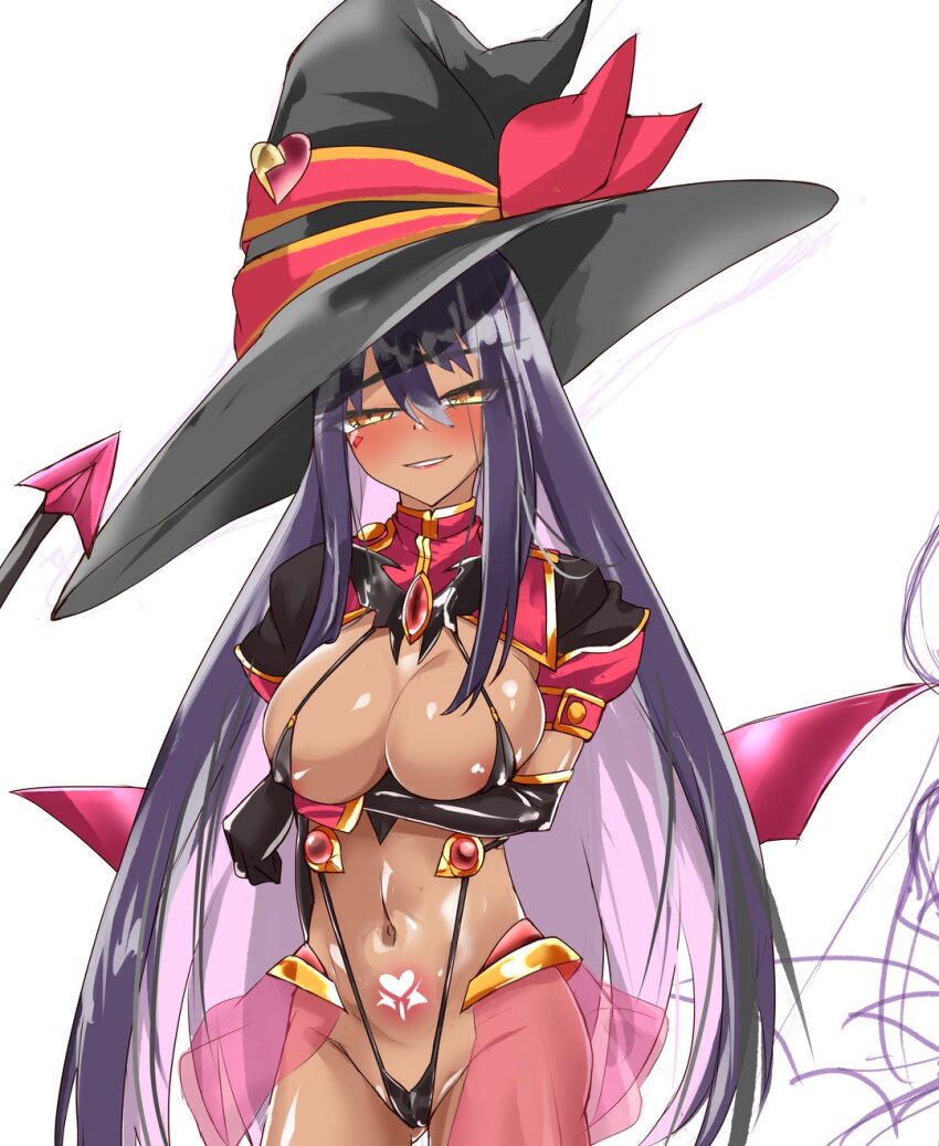 1girl alternate_costume areola_slip black_gloves black_hair blush breasts cameltoe corruption covered_erect_nipples cowboy_shot dark-skinned_female dark_persona dark_skin demon_tail demon_wings elbow_gloves gloves hair_between_eyes hat heart heart-shaped_pupils heart_tattoo highres large_breasts logia13laplace long_hair looking_at_viewer navel parted_lips pubic_tattoo sentai_red_ga_isekai_de_boukensha_ni_naru showgirl_skirt simple_background slave_gear slingshot_swimsuit smile solo swimsuit symbol-shaped_pupils tail tattoo ts_magical_girl_nao very_long_hair white_background wings witch_hat yellow_eyes yihdra_arvoln