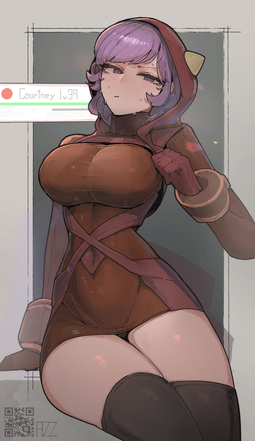 1girl azz0422 black_thighhighs breasts closed_mouth courtney_(pokemon) covered_navel curvy dress gloves health_bar highres hood hood_up hooded_dress large_breasts looking_at_viewer nintendo pokemon pokemon_oras purple_eyes purple_hair red_dress red_gloves short_hair sitting sweat thighhighs thighs zettai_ryouiki