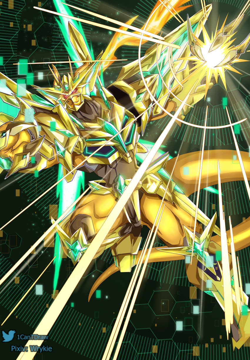 absurdres armor aura colored_skin digimon digimon_(creature) dragon full_body gold_armor gold_helmet green_background highres magnamon magnamon_x-antibody red_eyes richard_park solo yellow_skin