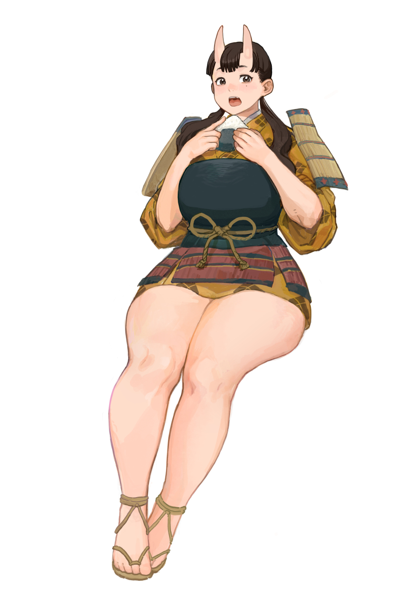 1girl absurdres armor bare_legs black_hair brown_eyes chest_guard chipped_tooth cosmos_ohohoh dungeon_meshi eating food full_body highres horns inutade japanese_armor japanese_clothes kimono kusazuri legs long_hair low_twintails mole mole_under_eye oni onigiri open_mouth short_kimono simple_background sitting skin-covered_horns solo thick_thighs thighs twintails waraji white_background