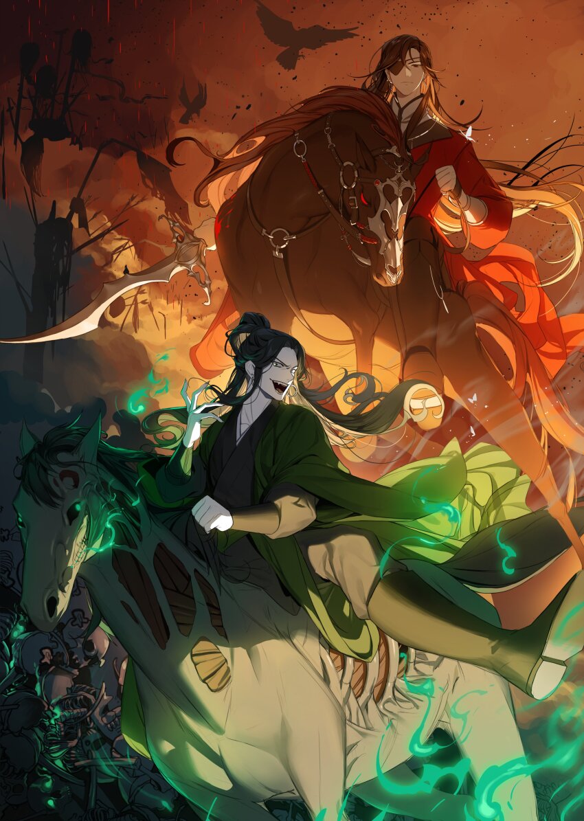 2boys absurdres arrow_(projectile) barding bird black_boots black_hair blood boots bridle bug butterfly chinese_clothes closed_mouth cloud crow earrings exposed_bone exposed_muscle eyepatch fangs fingernails fire flag furrowed_brow green_fire green_hanfu grey_pants half_updo hanfu high_ponytail highres holding holding_reins holding_sword holding_weapon hoop_earrings horse horseback_riding hua_cheng insect jewelry korean_commentary little_modao long_fingernails long_hair long_sleeves looking_at_viewer male_focus multiple_boys open_mouth pants ponytail qi_rong raining_blood red_eyes red_hanfu reins riding scimitar skeleton skeleton_horse smile smoke sword tianguan_cifu torn_flag weapon wide_sleeves