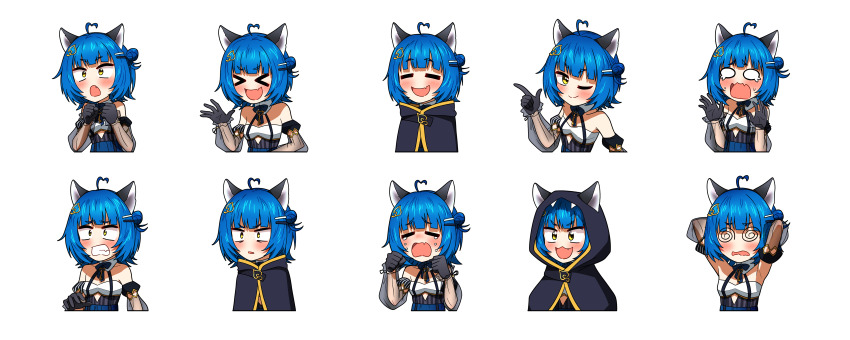 &gt;_&lt; 1girl :3 @_@ absurdres ahoge animal_ears arms_behind_head black_gloves blue_hair blush cloak crying dashed_eyes ddolbang multiple_expressions fang gloves hair_ornament hands_up heart heart_ahoge highres hood hooded_cloak idol_corp laughing multiple_views o_o one_eye_closed poko_rakun raccoon_ears raccoon_girl see-through_clothes see-through_sleeves short_hair skin_fang smile tears transparent_background virtual_youtuber yellow_eyes