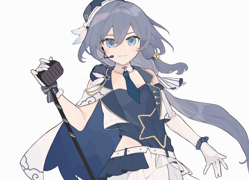 1girl :d asymmetrical_gloves beret black_hair blue_eyes blue_necktie blue_shirt cape earpiece fu_hua gloves grin hat highres holding holding_microphone_stand honkai_(series) honkai_impact_3rd long_hair looking_at_viewer microphone_stand mismatched_gloves mogomaco necktie open_mouth ponytail shirt simple_background skirt smile solo teeth white_background white_cape white_gloves white_skirt