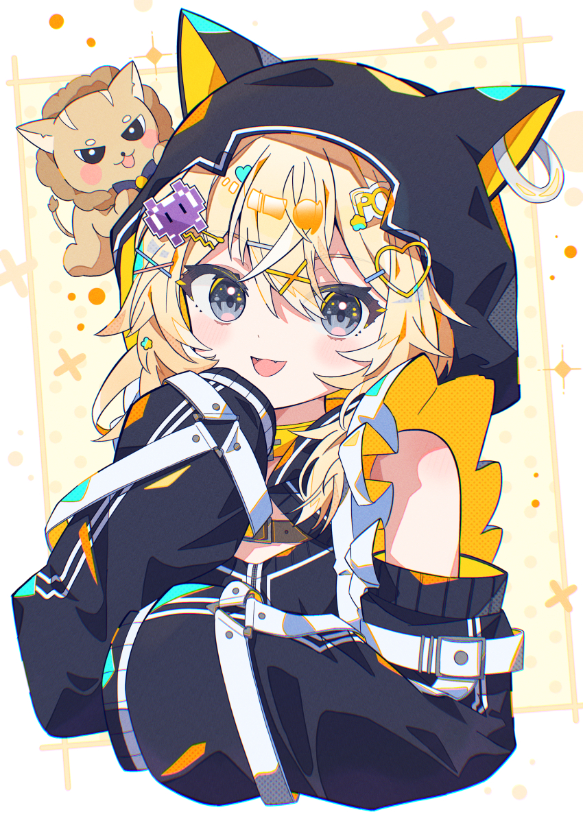 1girl :d absurdres animal_hood aramedraw bare_shoulders black_jacket black_sleeves blonde_hair blush border cat_hood commentary_request cropped_torso detached_sleeves grey_eyes hair_between_eyes hair_ornament hand_up highres hood hood_up jacket long_hair long_sleeves looking_at_viewer noripro open_mouth outside_border regrush_lionheart sleeveless sleeveless_jacket sleeves_past_fingers sleeves_past_wrists smile solo virtual_youtuber white_border x_hair_ornament yellow_background