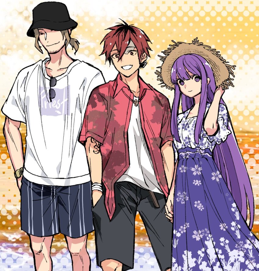 1girl 2boys adjusting_clothes adjusting_headwear black_hat black_shorts blue_dress bracelet brown_hair closed_mouth cropped dress fern_(sousou_no_frieren) flame_print floral_print hand_in_pocket hat hawaiian_shirt highres holding_hands jewelry long_hair looking_at_viewer multiple_boys nanahachi_77889 necklace polka_dot polka_dot_background ponytail purple_eyes purple_hair red_eyes red_hair red_shirt sein_(sousou_no_frieren) shirt short_hair short_ponytail shorts sketch smile sousou_no_frieren stark_(sousou_no_frieren) straw_hat striped_clothes striped_shorts tattoo very_long_hair watch white_shirt