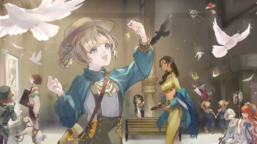 1boy 6+girls :d animal_head apple arm_up baby_blue bag bench beret bird black_bird black_hair blonde_hair blue_coat blue_eyes blue_pants blue_sleeves boater_hat braid braided_hair_rings brown_hair brown_headwear coat cristallo darley_clatter dove dress eagle food fruit green_dress green_headwear grey_shorts hair_rings hands_up hat holding holding_pendulum holding_telescope indoors jewelry john_titor_(reverse:1999) kaalaa_baunaa kanjira long_hair looking_at_object looking_up matilda_bouanich matilda_bouanich_(the_genius&#039;s_holiday) multiple_girls necklace nick_bottom_(reverse:1999) off_shoulder open_mouth orange_hair overall_shorts overalls pants pendulum reverse:1999 shirt short_hair shorts shoulder_bag shrug_(clothing) smile solo_focus sputnik sputnik_(reverse:1999) susii telescope toy_horse twin_braids twins_sleep upper_body white_bird white_hair white_shirt yellow_pants yellow_shirt