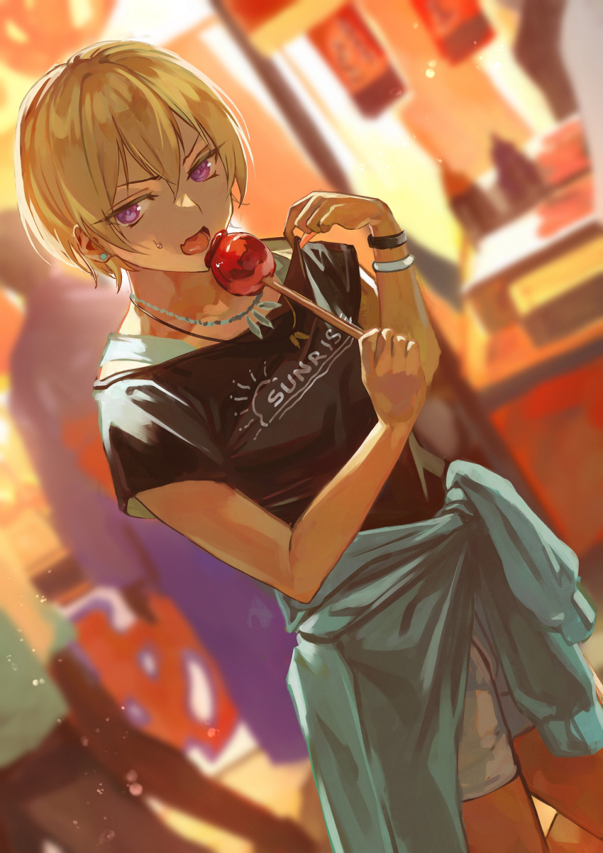 1girl adjusting_clothes black_shirt blonde_hair blue_jacket bracelet candy_apple clothes_around_waist clothes_writing dutch_angle earrings eating fang festival food food_stand hair_between_eyes highres holding holding_food idolmaster idolmaster_shiny_colors jacket jacket_around_waist jewelry multiple_bracelets necklace open_mouth otsudou saijo_juri shirt short_hair shorts skin_fang small_sweatdrop solo summer_festival t-shirt undershirt v-shaped_eyebrows white_shorts white_undershirt