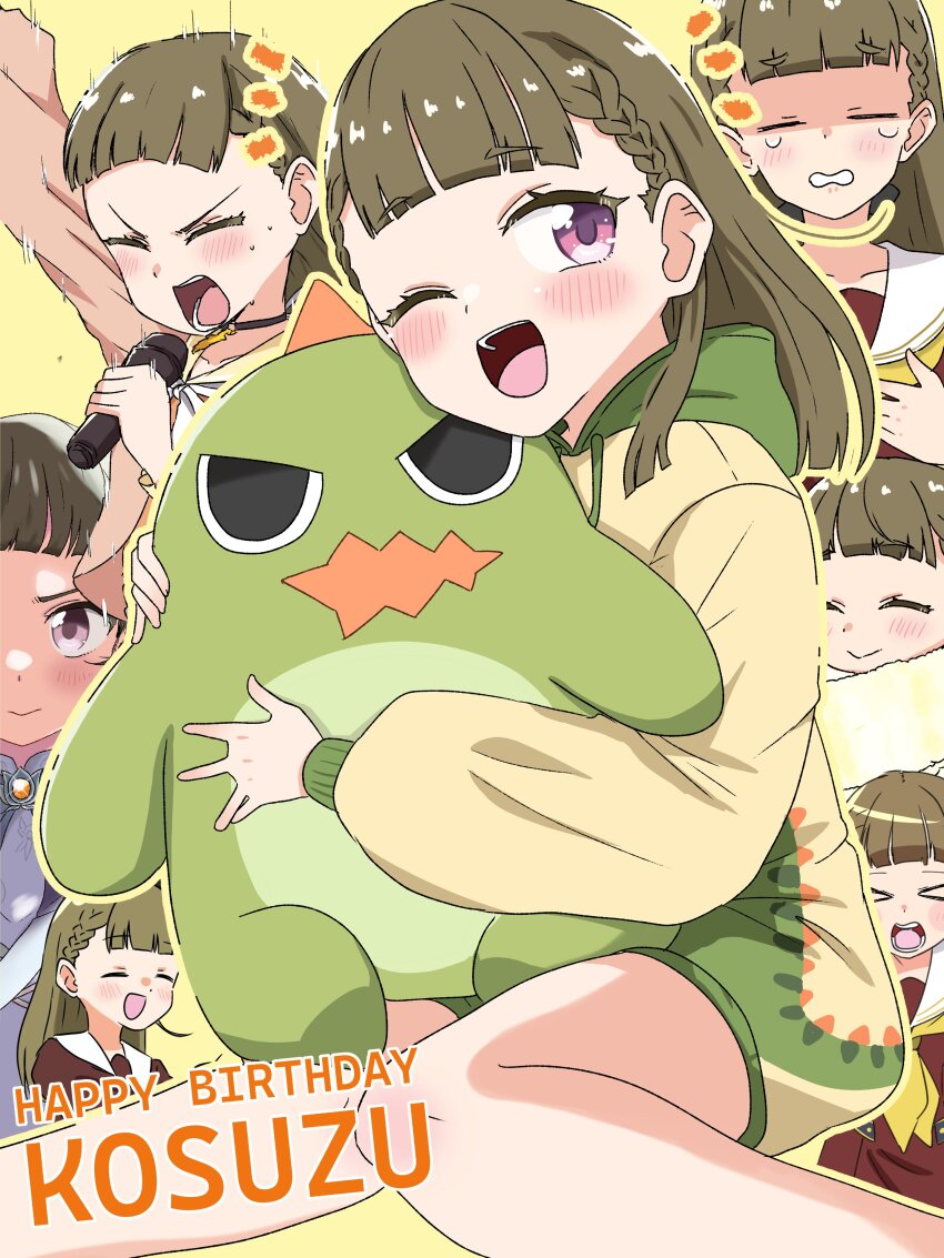 &gt;_&lt; 1girl ;d ^_^ absurdres aurora_flower_(love_live!) black_choker bloom_the_smile_bloom_the_dream! blush braid brown_dress brown_hair center-flap_bangs choker closed_eyes closed_mouth commentary_request crying dress feet_out_of_frame hasu_no_sora_school_uniform highres holding holding_stuffed_toy jacket kachimachi_kosuzu kachimachi_kosuzu_(summer_loungewear) kanzaki_gou knees_together_feet_apart link!_like!_love_live! long_hair long_sleeves looking_at_viewer love_live! multiple_views neckerchief notice_lines official_alternate_costume one_eye_closed open_clothes open_jacket open_mouth orange_jacket peanut_mouth pink_eyes sailor_collar sailor_dress school_uniform side_braids sitting smile straight_hair stuffed_dinosaur stuffed_toy teeth v-shaped_eyebrows v-shaped_eyes virtual_youtuber white_sailor_collar winter_uniform yellow_background yellow_neckerchief