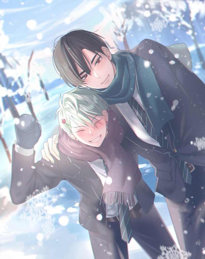 2boys alien_stage arm_around_shoulder black_eyes black_hair black_jacket black_mittens black_necktie black_pants blush commentary diagonal-striped_clothes diagonal-striped_necktie earrings fang green_scarf grey_hair grin hair_ornament hairclip hand_up highres ivan_(alien_stage) jacket jewelry male_focus mikan_(artist) mittens multiple_boys necktie pants red_pupils scarf short_hair smile snow snowing striped_clothes symbol-only_commentary till_(alien_stage) tree very_short_hair