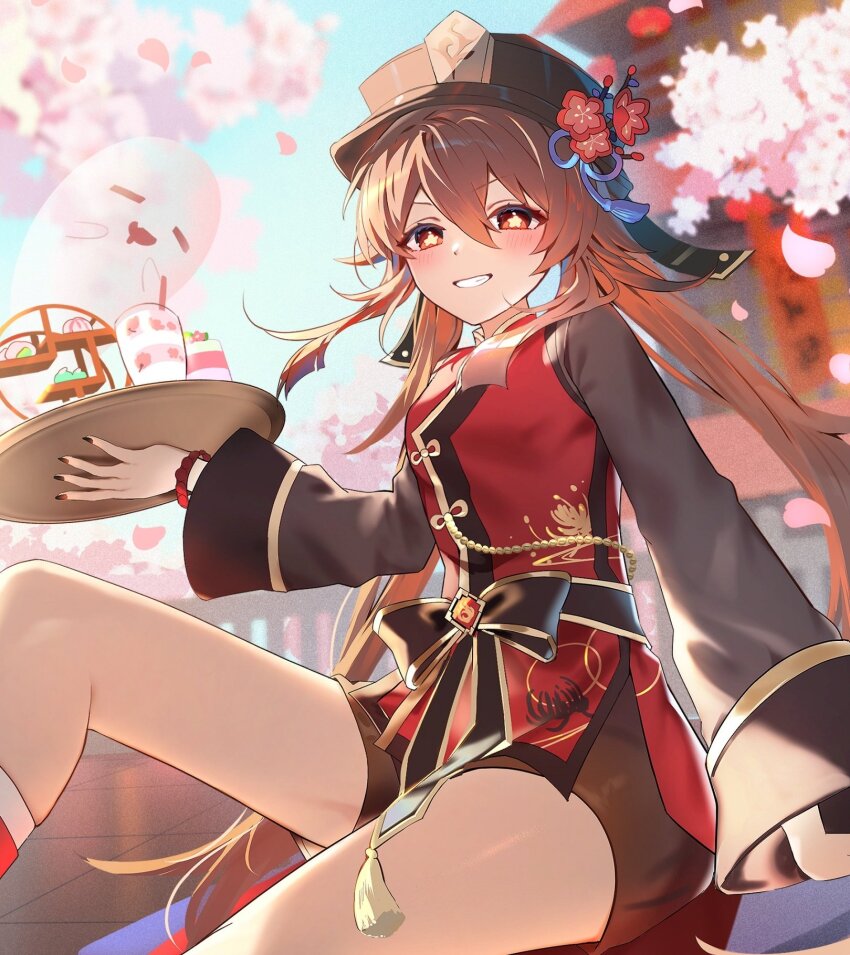 1girl azna black_nails blush boo_tao_(genshin_impact) breasts brown_hair brown_shorts cup flower flower-shaped_pupils food genshin_impact ghost glass hair_between_eyes hat highres holding holding_plate hu_tao_(genshin_impact) long_hair long_sleeves looking_at_viewer medium_breasts plate red_eyes shorts smile solo symbol-shaped_pupils teeth very_long_hair