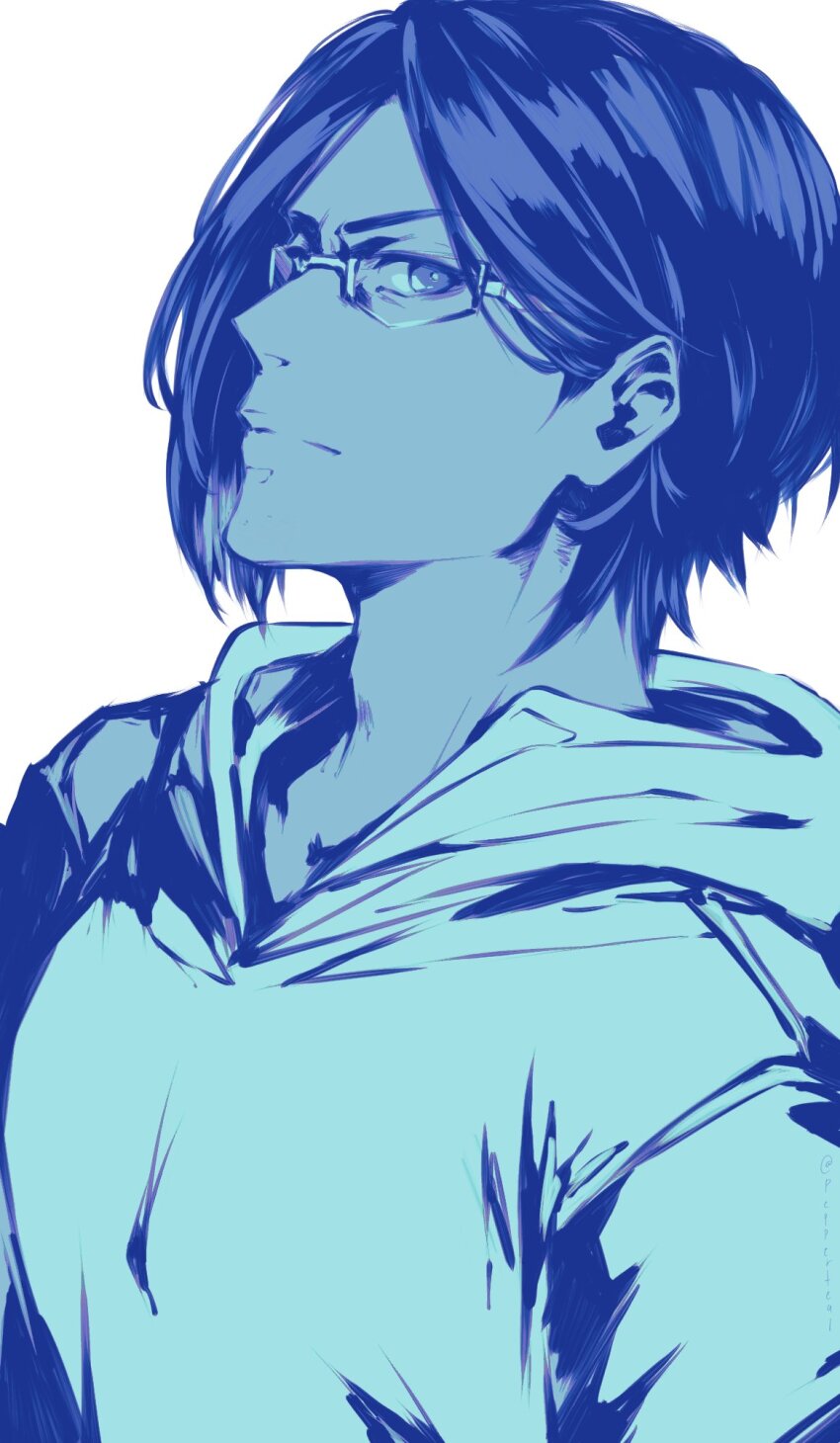 1boy bleach bleach:_sennen_kessen-hen blue_theme glasses hair_behind_ear highres hood hood_down hoodie ishida_uryuu looking_at_viewer male_focus monochrome parted_bangs peppertea solo v-shaped_eyebrows white_background