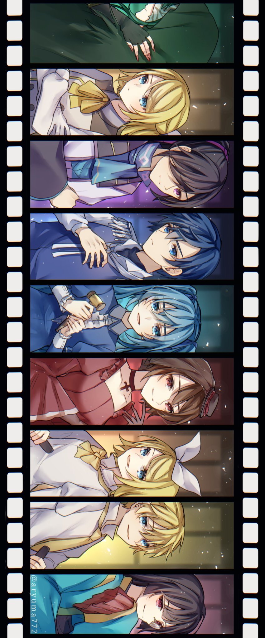 absurdres adam_moonlit alternate_hair_color aqua_eyes aqua_hair aqua_kimono arte_(evillious_nendaiki) aryuma772 ascot banica_conchita black_gloves blonde_hair blue_dress blue_eyes blue_hair blue_jacket bow bowtie breasts brown_hair buttons chaban_capriccio_(vocaloid) choker cloak clockworker&#039;s_doll collarbone cross cross_choker crossed_arms double-breasted dress epaulettes evillious_nendaiki film_border fingerless_gloves flat_chest frilled_cuffs frilled_sleeves frills fringe_trim gammon_octo gavel gear_(evillious_nendaiki) gloves gumi gumillia hair_bow hakaba_no_aruji hammer hand_on_own_chin hat hatsune_miku highres holding holding_hammer houtei_no_nushi jacket japanese_clothes kagamine_len kagamine_rin kaito_(vocaloid) kamui_gakupo kimono large_breasts lilith_baldured lineup ma_(evillious_nendaiki) mask megurine_luka meiko_(vocaloid) mini_hat nail_polish necktie open_collar pink_eyes pollo_(evillious_nendaiki) red_dress red_eyes red_nails shirt short_hair sidelocks sideways sleeveless sleeveless_jacket swept_bangs twintails veil very_long_fingernails very_long_sleeves vocaloid waitress white_bow white_dress white_shirt wide_sleeves yellow_neckwear
