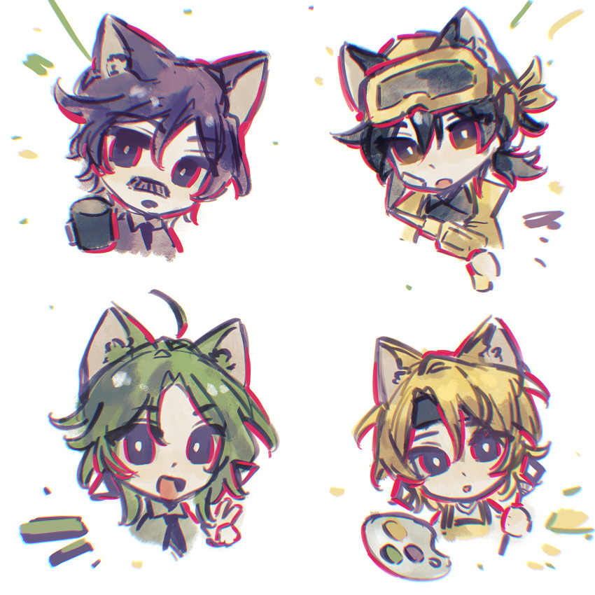 16personalities 2boys 2girls adventurer_(16personalities) ahoge animal_ears apron architect_(16personalities) bandaid bandaid_on_face black_eyes black_hair black_necktie black_shirt blonde_hair campaigner_(16personalities) cat_ears chibi collared_shirt cup facial_hair goggles goggles_on_head green_hair green_shirt highres holding holding_cup holding_paint_palette holding_paintbrush holding_paint_palette jacket looking_at_viewer low_ponytail mug multiple_boys multiple_girls mustache necktie open_mouth paint_palette paintbrush paint_palette parted_bangs ponytail portrait purple_eyes purple_hair shirt short_hair simple_background smile v virtuoso_(16personalities) white_background white_shirt xuxi239756 yellow_apron yellow_eyes yellow_jacket