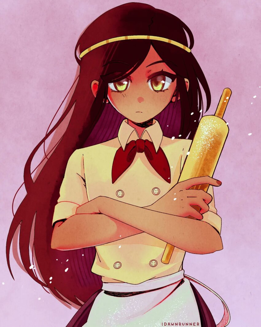 1girl apron artist_name black_hair black_skirt bowtie closed_mouth crossed_arms dark-skinned_female dark_skin doughie_(omori) expressionless highres holding idawnrunner long_hair looking_at_viewer omori purple_background red_bow red_bowtie rolling_pin shirt short_sleeves skirt solo white_apron white_shirt yellow_eyes yellow_shirt