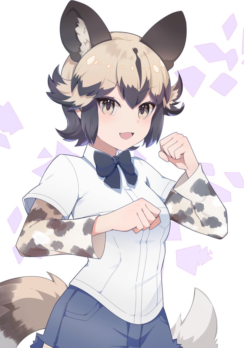1girl african_wild_dog_(kemono_friends) animal_ears animal_print black_bow blonde_hair blue_shorts blush bow brown_hair collared_shirt cowboy_shot denim denim_shorts dog_ears dog_girl dog_tail fighting_stance hair_between_eyes highres kemono_friends kemono_friends_3 long_sleeves looking_at_viewer multicolored_hair natuki_takumi open_mouth print_sleeves shirt short_hair short_shorts short_sleeves shorts sidelocks smile solo t-shirt tail two-tone_hair white_shirt yellow_eyes