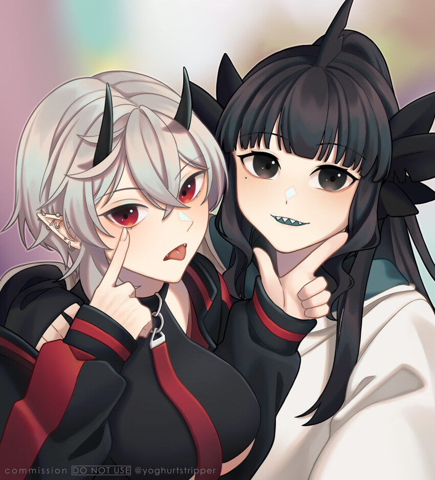 2girls artemis_of_the_blue artist_name atelier_live black_choker black_eyes black_hair black_horns blue_tongue choker collar colored_tongue commentary commission ear_piercing english_commentary grey_hair hair_ribbon highres hood hood_down hoodie horns imp indie_virtual_youtuber long_hair mole mole_under_eye multiple_girls multiple_piercings piercing pointy_ears ponytail red_eyes red_leash ribbon rinkya shark_fin shark_girl sharp_teeth teeth tongue tongue_out virtual_youtuber wavy_sidelocks white_hoodie yoghurtstripper yuri