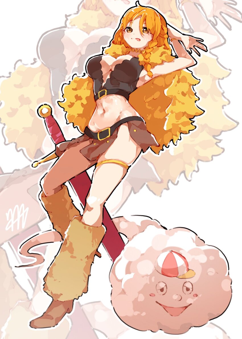 1girl arms_behind_head arms_up belt belt_buckle blush braid braided_sidelock breasts brown_eyes brown_loincloth buckle capelet cleavage closed_mouth cloud commentary crop_top english_commentary full_body fur-trimmed_capelet fur_trim groin hat highres large_breasts leg_warmers loincloth long_hair looking_at_viewer ma_draws midriff mini_hat miniskirt nami_(one_piece) navel official_alternate_costume official_alternate_hairstyle one_piece orange_hair single_sidelock skirt sword thigh_strap tongue tongue_out weapon yellow_capelet zeus_(one_piece)