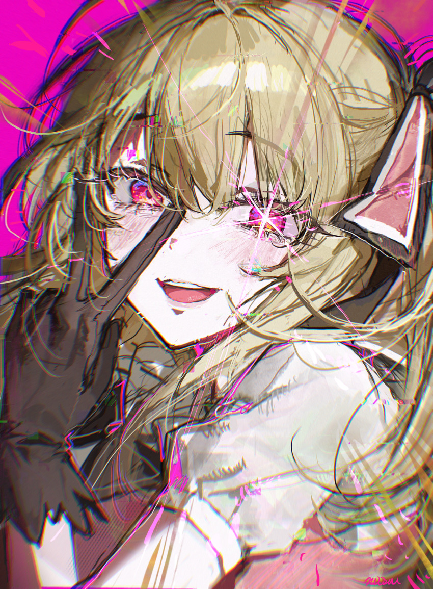 1girl :d absurdres black_gloves blonde_hair blush chromatic_aberration commentary crazy crazy_eyes crazy_smile from_side glitch gloves hair_between_eyes hair_ribbon hand_up highres hoshino_ruby idol_clothes inward_v long_hair looking_at_viewer looking_back misu_(miisuuu) open_mouth oshi_no_ko pink_background pink_eyes pink_lips pink_ribbon portrait puffy_short_sleeves puffy_sleeves ribbon short_sleeves side_ponytail smile solo star-shaped_pupils star_(symbol) symbol-shaped_pupils tears teeth turning_head upper_body v v_over_eye variant_set