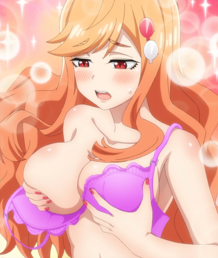 1girl anime_screenshot bra breasts cleavage female_focus grabbing_own_breast highres large_breasts nail_polish orange_hair purple_bra red_eyes saki-chan_(tejina_senpai) solo stitched tejina_senpai_(series) third-party_edit underwear upper_body