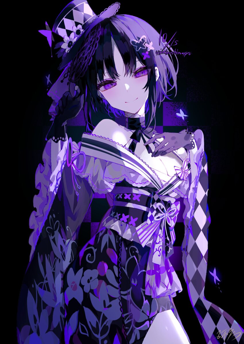 1girl absurdres bare_shoulders black_background black_gloves black_hair black_hat black_kimono breasts butterfly_hair_ornament butterfly_hat_ornament cleavage closed_mouth cowboy_shot floral_print flower frilled_sleeves frills gloves hair_ornament hand_on_own_chest hat hat_flower hat_ornament highres housho_margo japanese_clothes kimono lolita_fashion long_sleeves looking_at_viewer mahou_shoujo_no_majo_saiban medium_breasts mini_hat mini_top_hat obi pale_skin parted_bangs purple_eyes sash short_hair smile solo standing top_hat umemaro_(siona0908) wa_lolita wide_sleeves