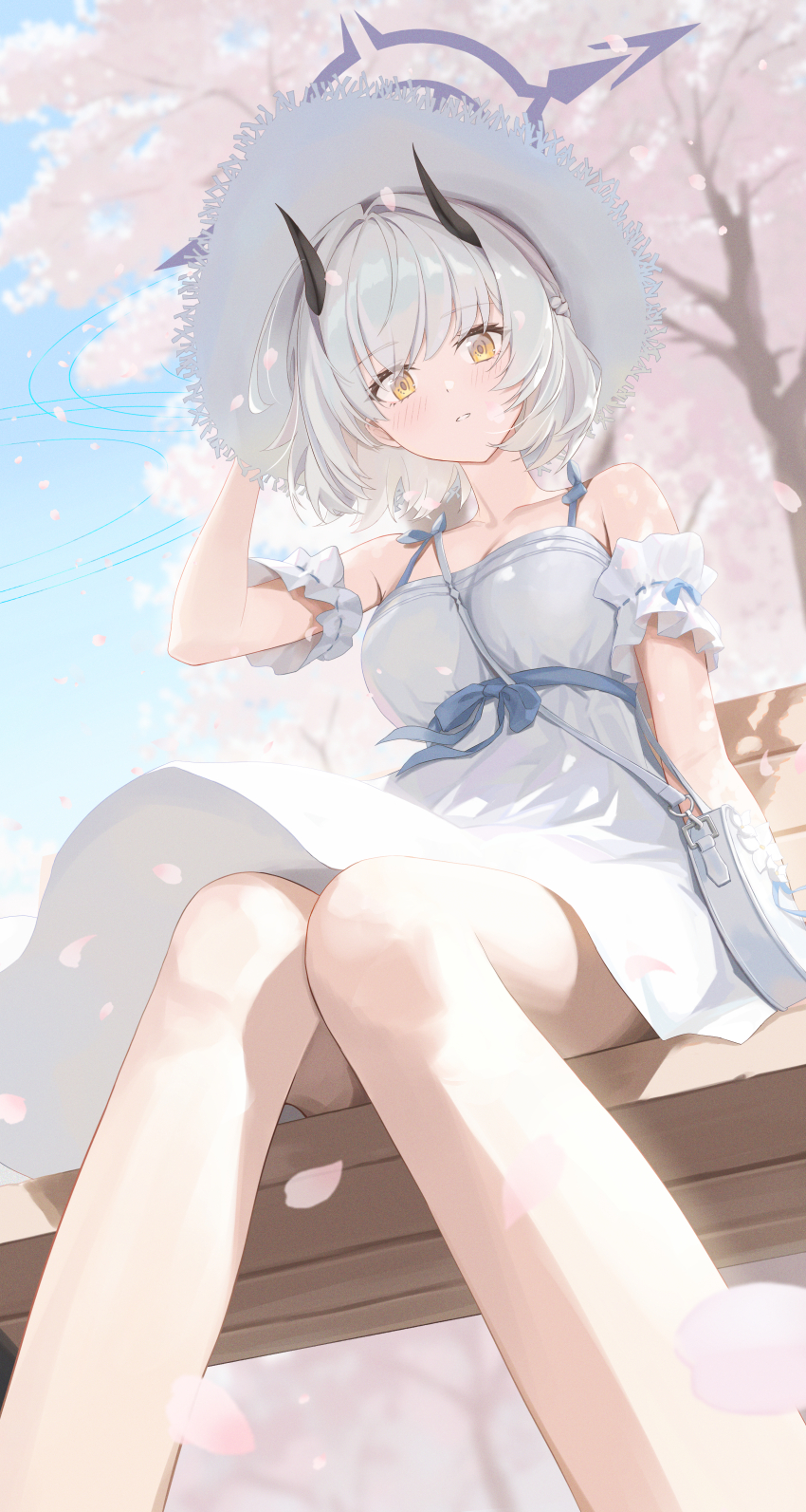 1girl absurdres armband bench blue_archive breasts cleavage commentary_request dixo_(user_srff3835) dress frilled_armband frills grey_halo halo hand_up hat highres looking_at_viewer medium_breasts official_alternate_costume official_alternate_hairstyle on_bench outdoors park_bench sena_(blue_archive) sena_(casual)_(blue_archive) short_hair sitting solo sun_hat sundress thighs white_armband white_dress white_hair yellow_eyes