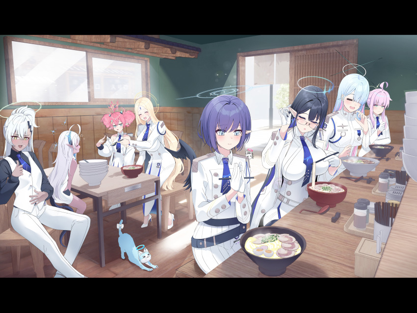 6+girls :d absurdres aoi_(blue_archive) ayumu_(blue_archive) bare_shoulders black_hair blazer blonde_hair blue_archive blue_eyes blue_hair blush breasts buttons closed_eyes coat dark-skinned_female dark_skin double-breasted dress earrings eating excited feathered_wings food general_student_council_president_(blue_archive) giga-tera glasses gloves green_eyes haine_(blue_archive) hair_over_one_eye halo hand_up happy highres indoors jacket jewelry kaya_(blue_archive) large_breasts long_hair long_sleeves medium_breasts medium_hair momoka_(blue_archive) multicolored_hair multiple_boys multiple_girls necktie noodles off_shoulder open_clothes open_coat open_mouth pink_hair purple_hair ramen rin_(blue_archive) school_uniform sleeveless sleeveless_dress slit_pupils small_breasts smile streaked_hair sumomo_(blue_archive) twintails two-tone_hair very_long_hair vest white_coat white_gloves white_hair white_vest wings yellow_eyes