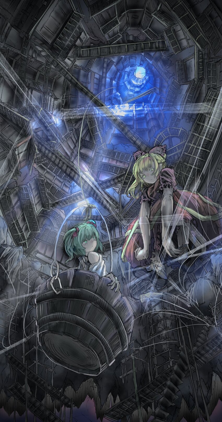 2girls beads black_bow black_shoes blonde_hair blue_light bow bridge brown_dress bucket building cave dress from_below green_eyes green_hair hair_beads hair_ornament highres in_bucket in_container japanese_clothes kimono kisume kurodani_yamame light_rays multiple_girls rope shoes silk spider_web stalactite sunbeam sunlight support touhou twintails umaieokakitai walkway white_kimono wooden_bridge wooden_stairs wooden_walkway yellow_eyes