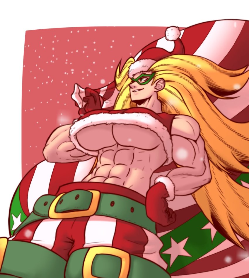 1girl abs blonde_hair boku_no_hero_academia breasts chrismas flag_print green_eyes hensket highres large_breasts long_hair muscular muscular_female santa_costume smile solo star_and_stripe_(boku_no_hero_academia)