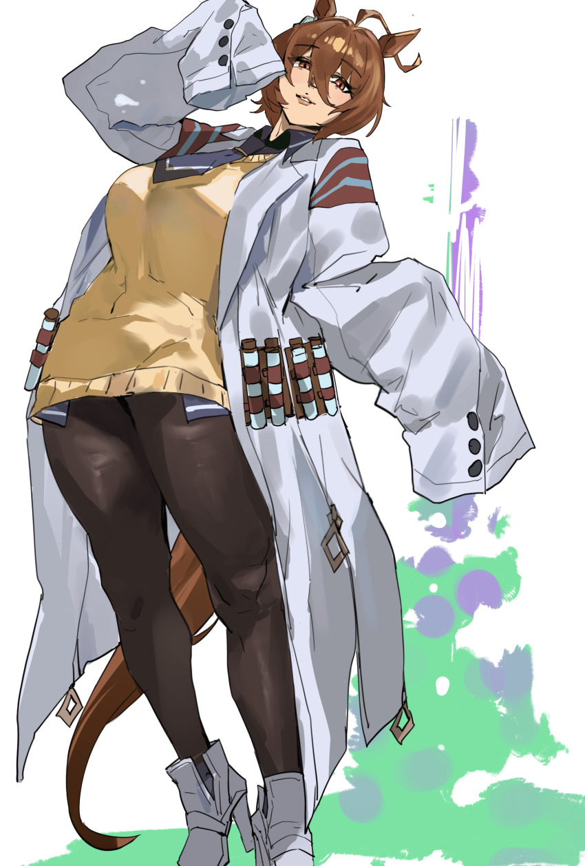 1girl absurdres agnes_tachyon_(tach-nology)_(umamusume) agnes_tachyon_(umamusume) ahoge animal_ears black_pantyhose breasts brown_eyes brown_hair commentary_request earrings hair_between_eyes highres horse_ears horse_girl horse_tail huge_ahoge jewelry lab_coat large_breasts long_sleeves looking_at_viewer necktie pantyhose parted_lips red_eyes shirt shoes short_hair short_necktie single_earring sleeves_past_fingers sleeves_past_wrists smile solo sweater tail taiyang_yu test_tube umamusume yellow_sweater