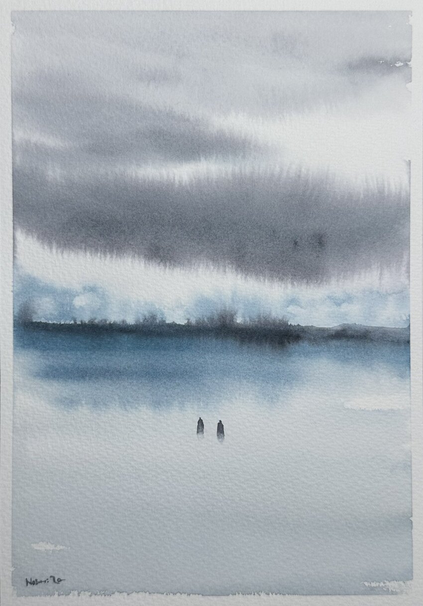 2others bare_tree field grey_sky highres horizon iceberg mouen_tw multiple_others night night_sky original painting_(medium) pond scenery sky traditional_media tree water watercolor_(medium) white_background
