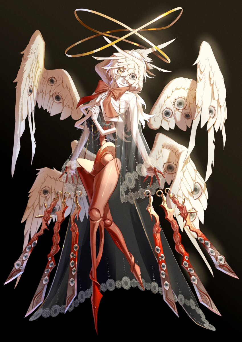 1boy androgynous angel black_background blonde_hair commentary_request doll_joints extra_arms extra_eyes feathered_wings full_body grey_eyes halo head_wings heterochromia highres joints long_hair looking_at_viewer male_focus momomo_906 multiple_halos multiple_wings neck_ribbon no_feet original own_hands_clasped own_hands_together red_ribbon ribbon simple_background skeletal_body solo sword weapon wing_eyes wings yellow_eyes