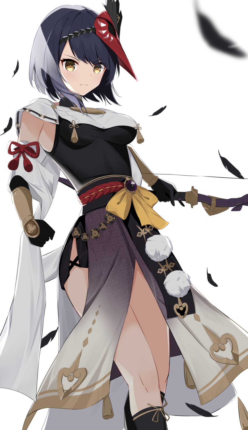 1girl absurdres arm_guards armpits bare_shoulders black_gloves blue_hair breast_curtain breasts collared_shirt dark_blue_hair detached_sleeves elbow_gloves eyelashes female_focus genshin_impact gloves highres japanese_clothes jewelry kneehighs kujou_sara legs looking_at_viewer mask mask_on_head medium_breasts medium_hair mihoyo neck necklace serious shirt shorts side_slit side_slit_shorts sidelocks sleeveless sleeveless_shirt socks solo sorashima_shinome standing swept_bangs tassel tengu tengu_mask thighs tomoe_(symbol) vision_(genshin_impact) wide_sleeves yellow_eyes
