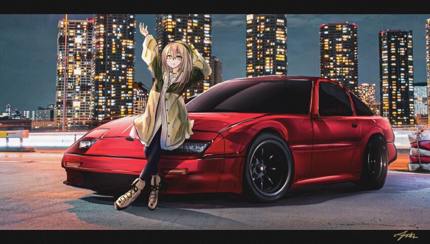 black_pantyhose brown_footwear brown_hair brown_hat brown_jacket brown_shirt character_name city commission girls&#039;_frontline hand_on_own_head hat highres jacket letterboxed long_hair looking_at_viewer nissan_300zx nissan_300zx_(z31) nissan_fairlady_z nougat_(no_9ada) open_hand pantyhose shadow shirt signature smile vehicle_focus