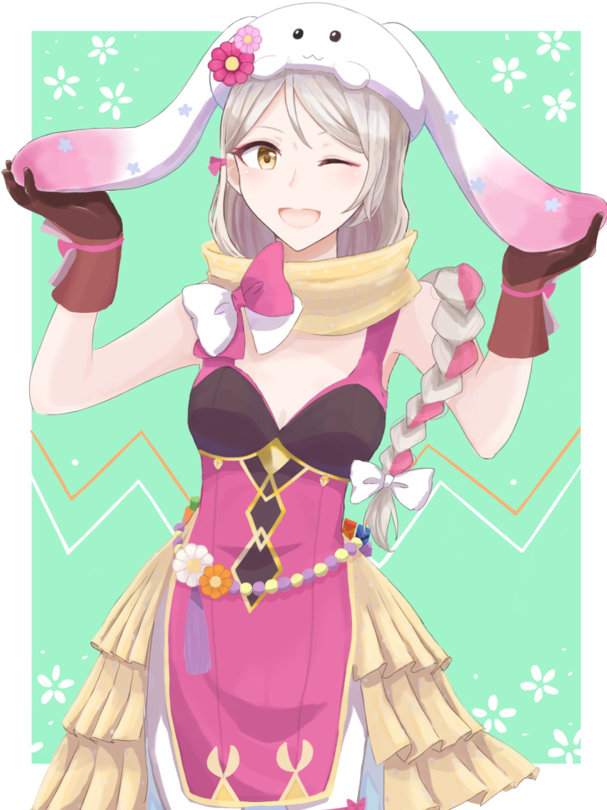 1girl animal_hat blonde_hair braid braided_ponytail brown_gloves expressive_clothes fire_emblem fire_emblem_engage fire_emblem_heroes flower_ornament framme_(fire_emblem) framme_(spring)_(fire_emblem) gloves hair_over_shoulder hat highres multicolored_hair nintendo official_alternate_costume pink_hair polka_dot polka_dot_scarf rabbit_hat scarf solo two-tone_hair user_jgky5523 yellow_eyes yellow_scarf