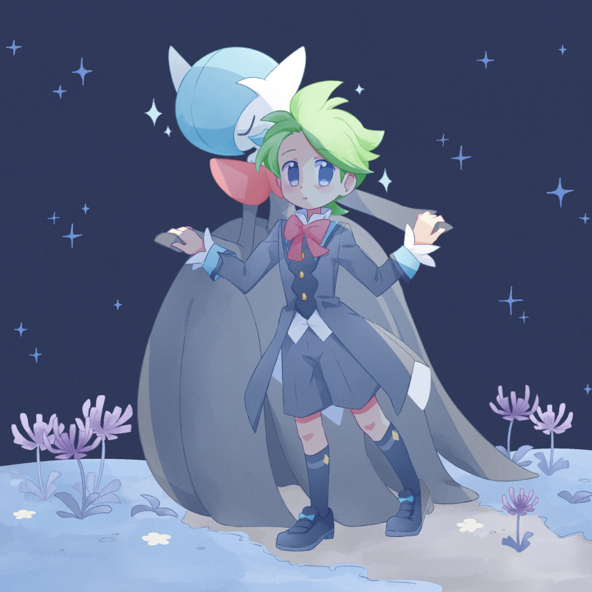 1boy akasaka_(qv92612) alternate_color black_footwear blue_eyes bow bowtie closed_eyes flower full_body gardevoir gen_3_pokemon green_hair highres male_focus mega_gardevoir mega_pokemon nintendo official_alternate_costume pokemon pokemon_(creature) pokemon_masters_ex shiny_pokemon sparkle wally_(pokemon) wally_(sygna_suit)_(pokemon)