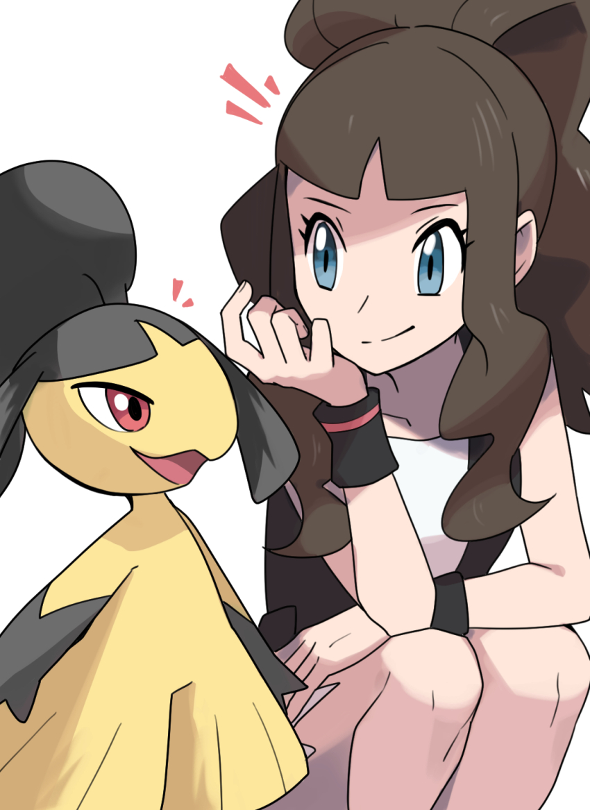 1girl black_vest blue_eyes brown_hair closed_mouth collarbone commentary_request eyelashes gen_3_pokemon hand_up head_rest highres hilda_(pokemon) himurohiromu knees long_hair mawile nintendo notice_lines open_clothes open_vest pokemon pokemon_(creature) pokemon_bw shirt sidelocks simple_background smile split_mouth squatting vest white_background white_shirt wristband