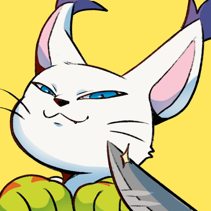 :3 blue_eyes cat digimon digimon_(creature) digimon_adventure fang half-closed_eyes hands_up highres knife knife_cat_(meme) looking_at_viewer meme no_humans nui_(nuitt) simple_background smile smug tailmon whiskers yellow_background