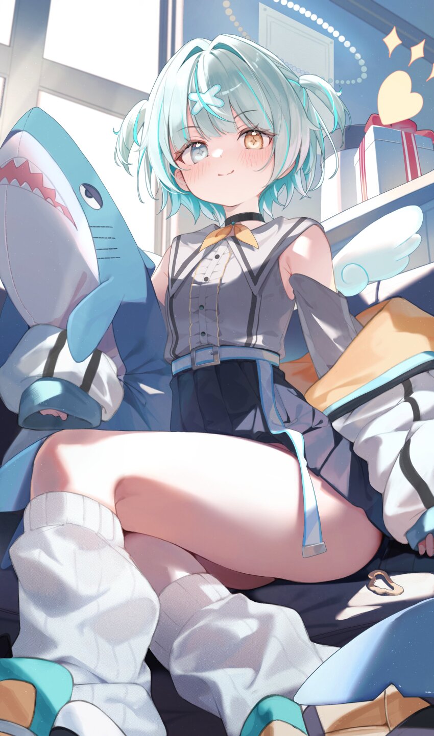 1girl absurdres aqua_hair blue_eyes center_frills closed_mouth frills halo heterochromia highres looking_ahead loose_socks lumo_1121 original shirt shirt_tucked_in short_hair sitting skirt smile socks split_mouth stuffed_animal stuffed_shark stuffed_toy symbol-shaped_pupils two_side_up white_shirt white_socks yellow_eyes